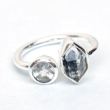 Natural Herkimer Diamond & Crystal Quartz Clear Ring 925 Sterling Silver Adjustable - by Arte de Joyas