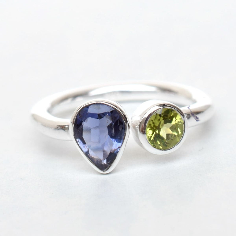 Natural Iolite & Peridot Gemstone Ring Unique Handmade Jewelry - by Arte de Joyas