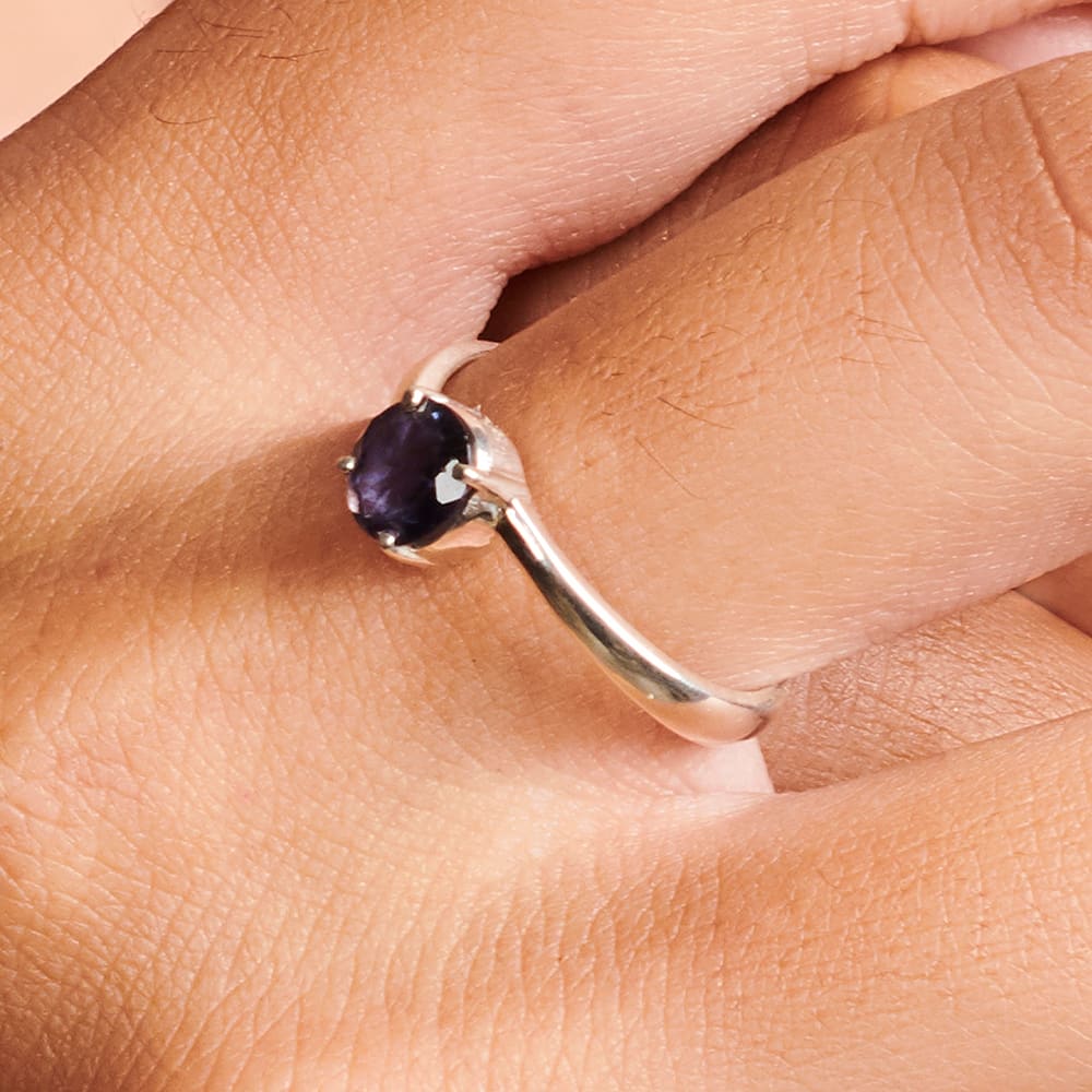Rings Natural Iolite Sterling Silver Prong Ring Dark Blue Gemstone Stacking Anniversary Birthday Gift For Women Handmade Jewelry Dainty - by