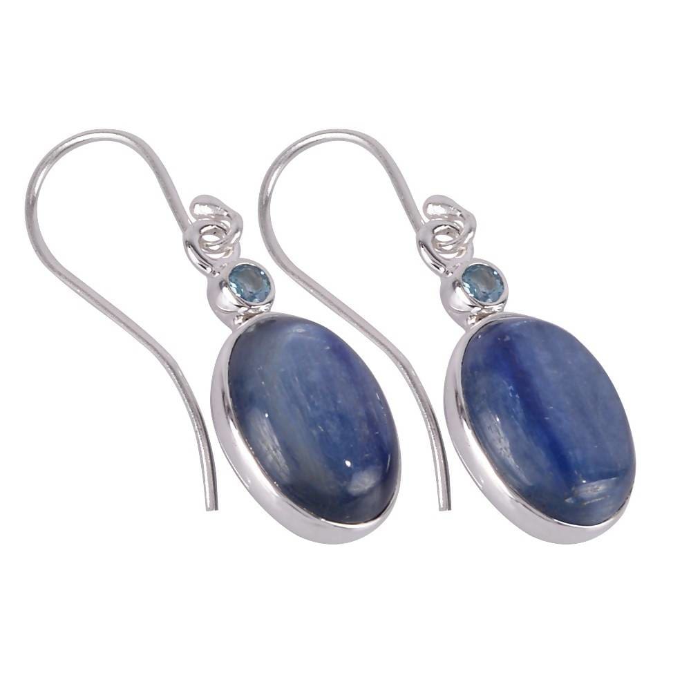 Earrings Natural Kyanite Cabochon and Swiss Blue Topaz Gemstone Handcrafted Sterling Silver Earring