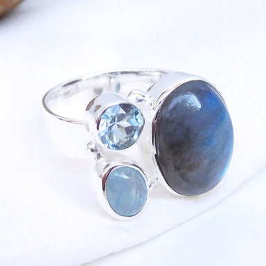 rings Natural Labradorite Aquamarine Blue Topaz Ring Multi Color Gemstone Handmade Cluster Jewelry - by Arte De Joyas