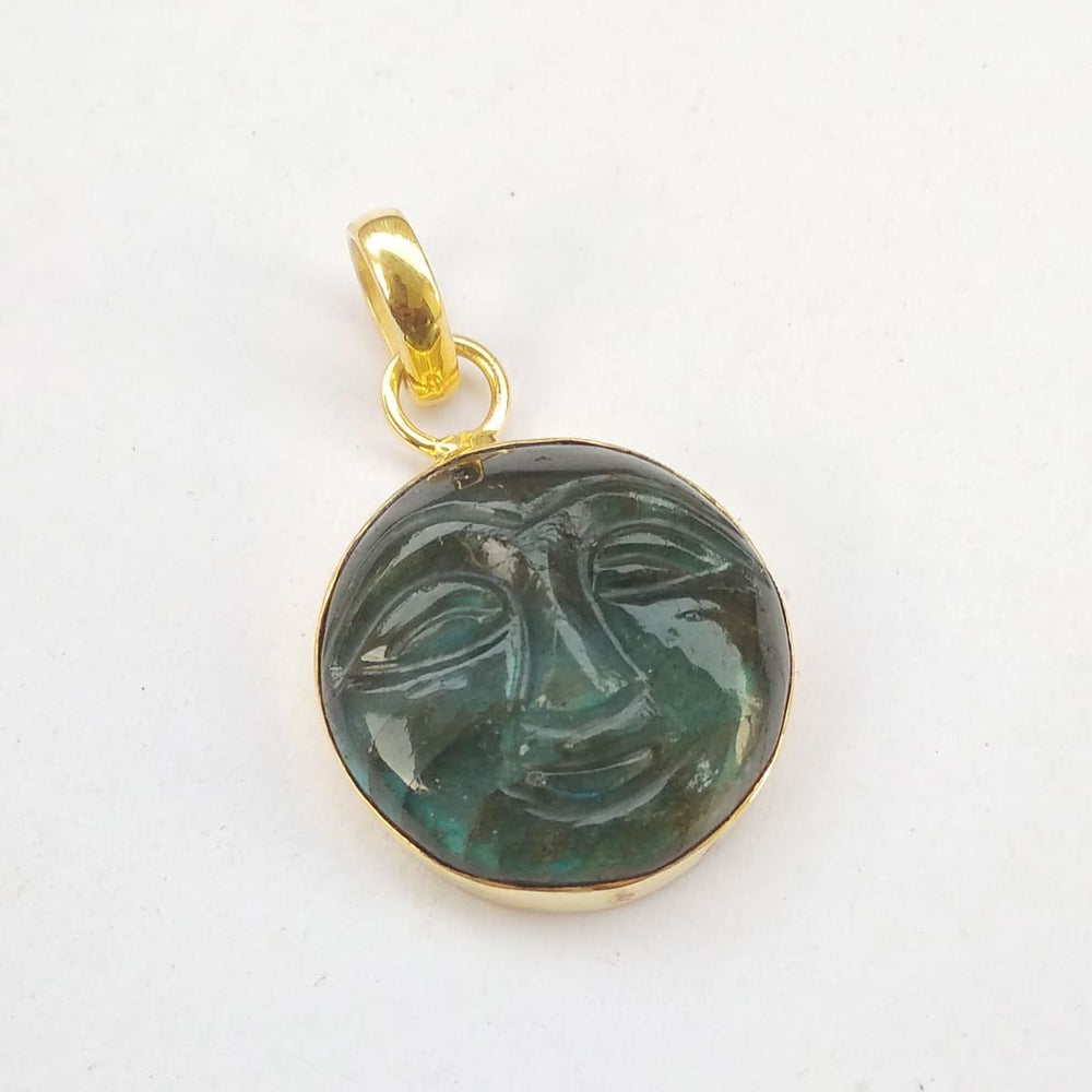 Natural Labradorite Birthstone Moon Face Pendant Made 18k Gold Plated - By Krti Handicrafts