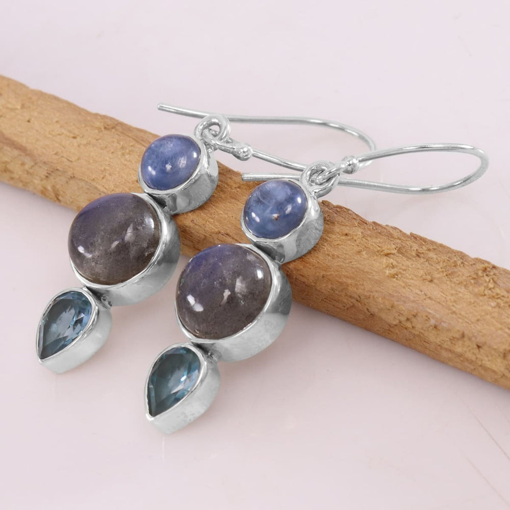 Natural Labradorite Kyanite Blue topaz Sterling Silver Earring Handmade Three Stone 925 Dangle Gemstone Gift For Her - by Rajtarang