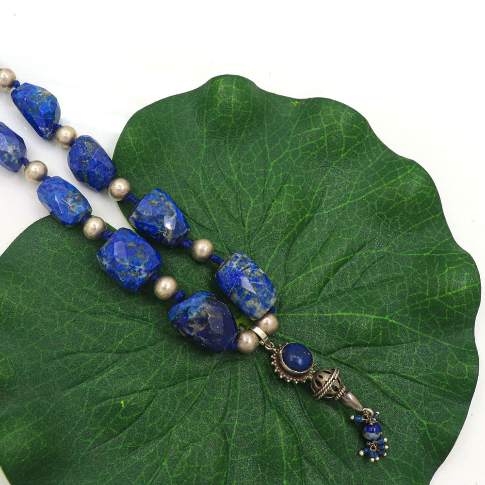 Natural Lapis Lazuli & Silver Beads Pendant Necklace Jewelry Handmade Indian Stone - By Vidita Jewels