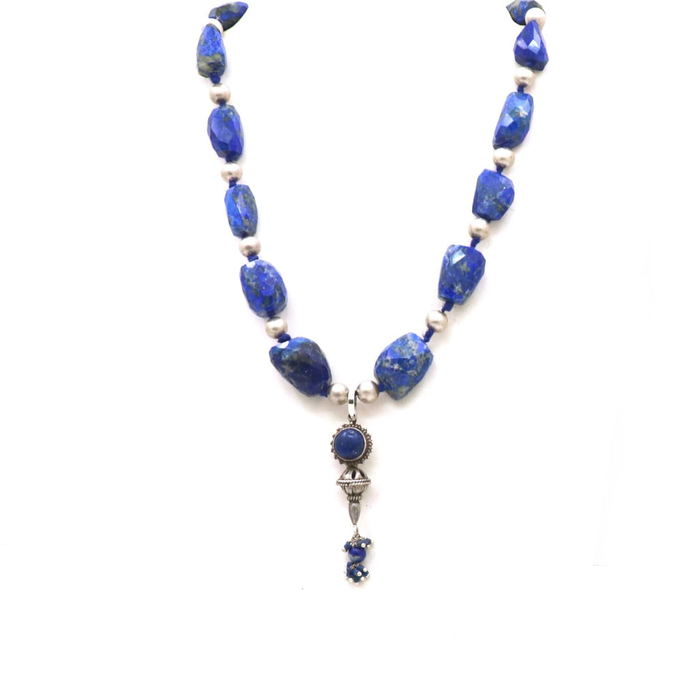 Natural Lapis Lazuli & Silver Beads Pendant Necklace Jewelry Handmade Indian Stone - By Vidita Jewels