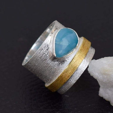 Natural Larimar Ring Matte finish Brush Finish Solid 925 Sterling Silver Ring-A060 - by Adorable Craft