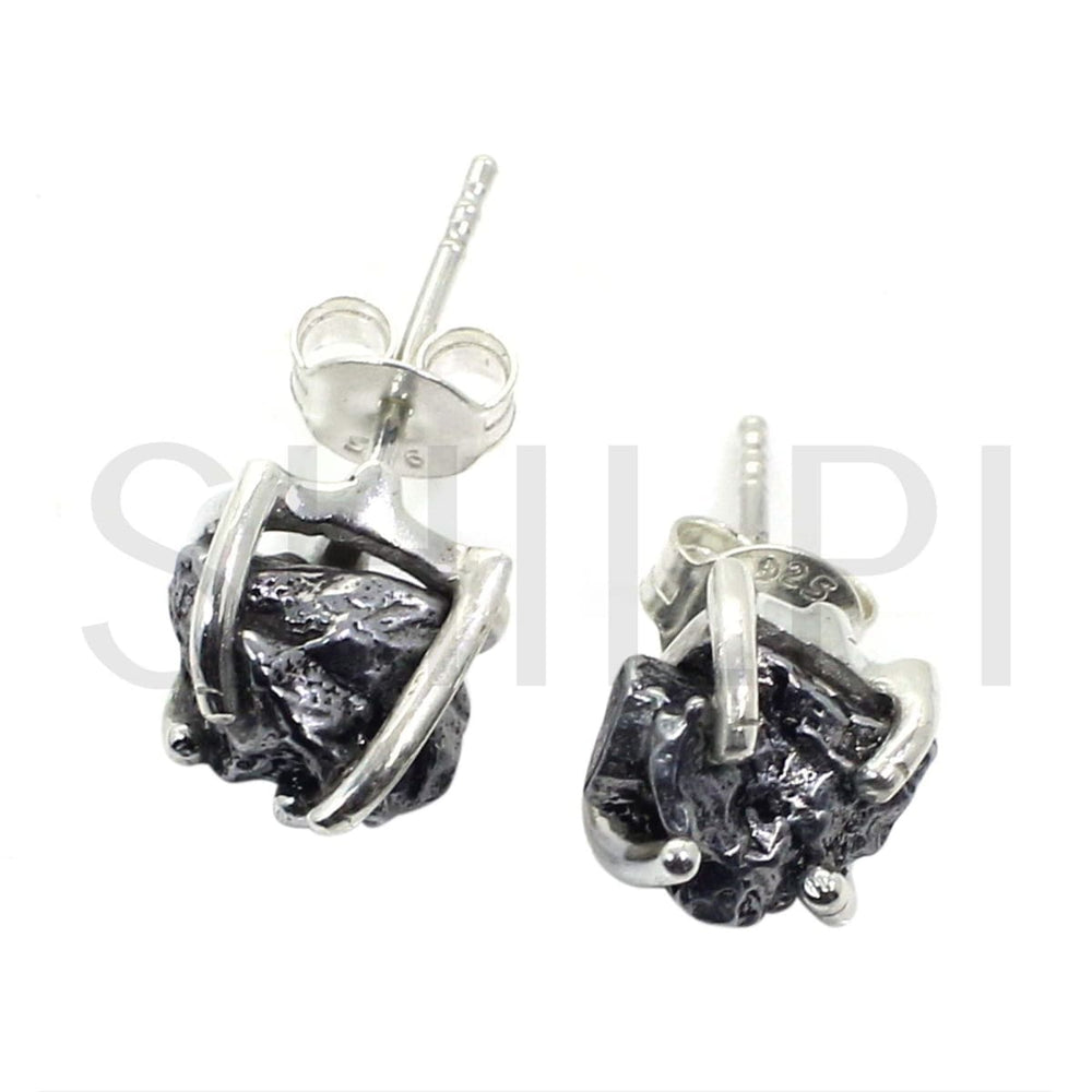 Natural Meteorite 925 Sterling Silver Prong Set Stud Earrings - by Nehal Jewelry