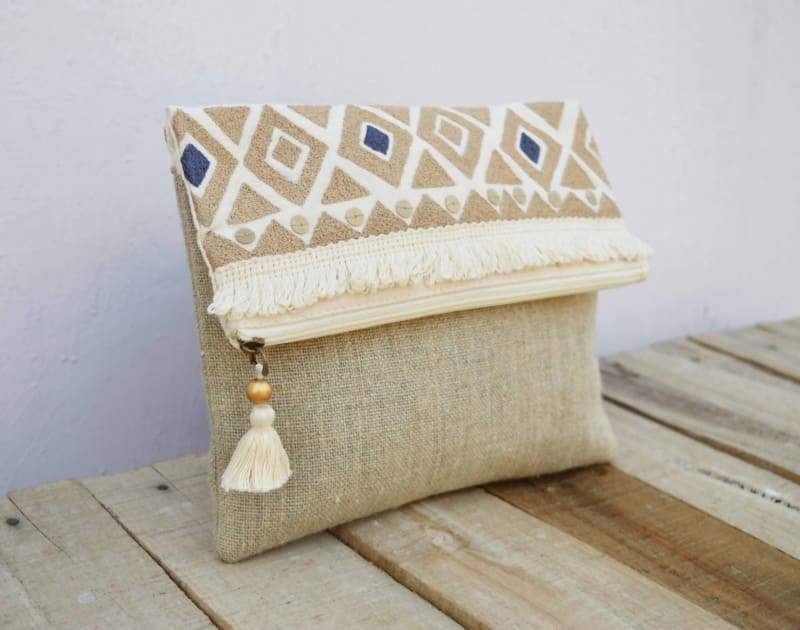 Natural Moroccan Boho Foldover Clutch in Pure Linen - Bags