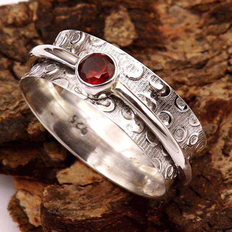 rings Natural Mozambique Garnet Spinner Ring 925 Sterling Silver Band Designer Handmade Jewelry Gemstone Handcrafted - by InishaCreation