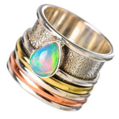 rings Natural Opal Meditation,Anxiety,Spinner Three Band Ring,Bohemian Handmade Jewelry Gift for Her - by InishaCreation