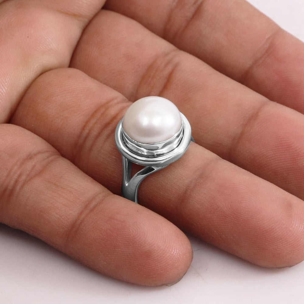 925 Sterling Silver Gold Plated Pearl Round Cabochon White Color Gemstone  Rings- CDR-1932