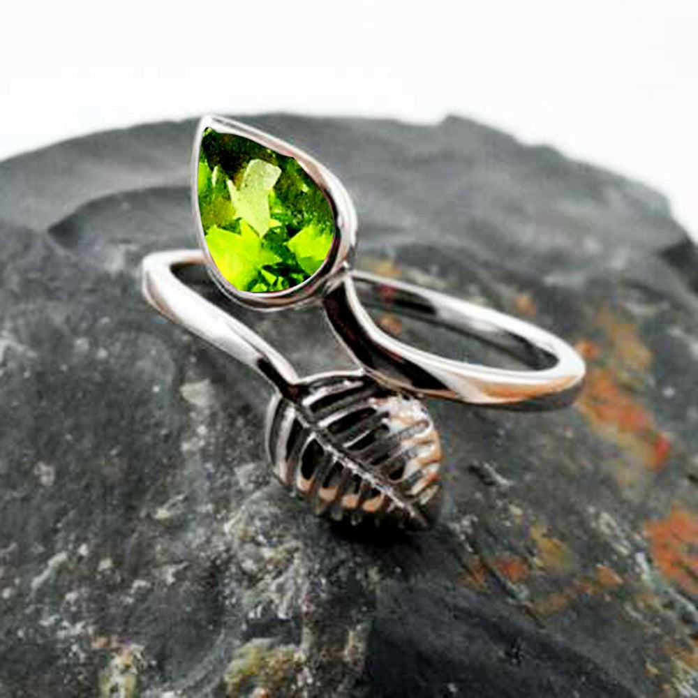 Natural Peridot Ring 925 Sterling Silver for Women Birthday Gift her Tear Drop Leaf Beautiful Adjustable Engagement Handmade - by Jaipur Art