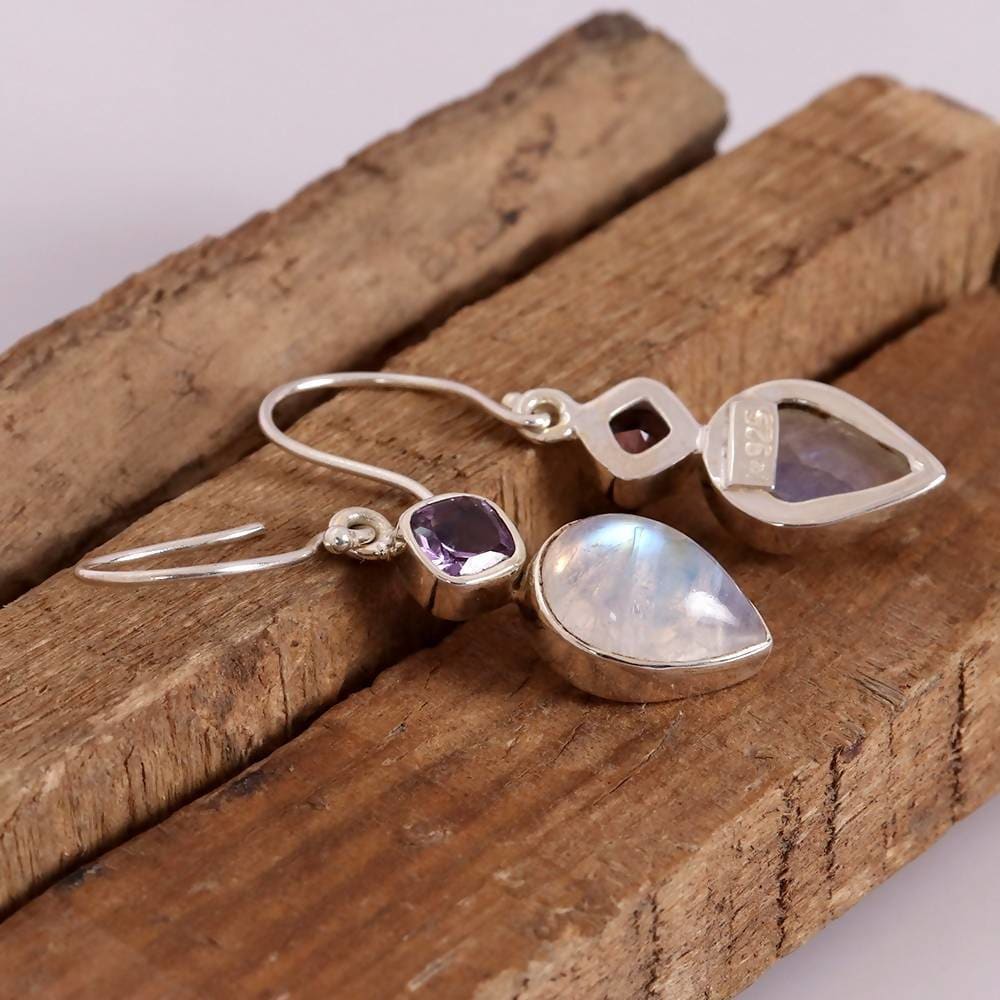 Earrings Natural Rainbow Moonstone Earring 925 Sterling Silver Amethyst Earring,Dangle Gemstone Purple - by Rajtarang