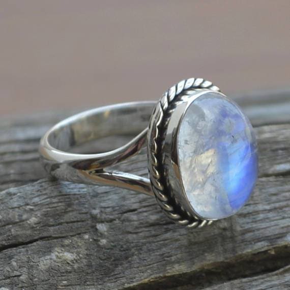 Rings Natural Rainbow Moonstone Gemstone 925 Sterling Silver Ring Blue Fire