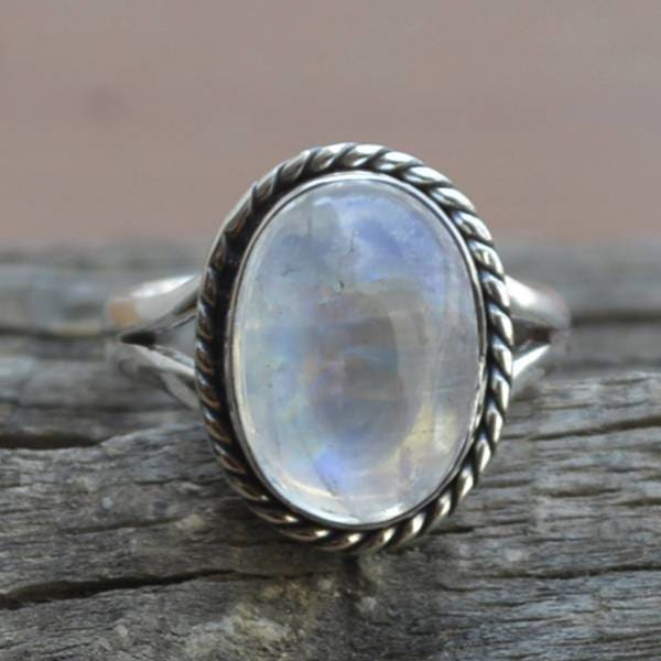 Rings Natural Rainbow Moonstone Gemstone 925 Sterling Silver Ring Blue Fire