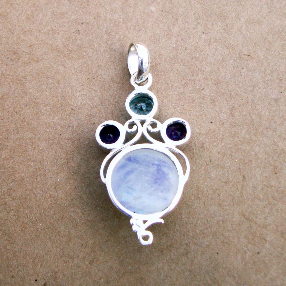 Natural Rainbow Moonstone Pendant - Amethyst - Blue Topaz - Silver - 925 Jewellery - By Vidita Jewels