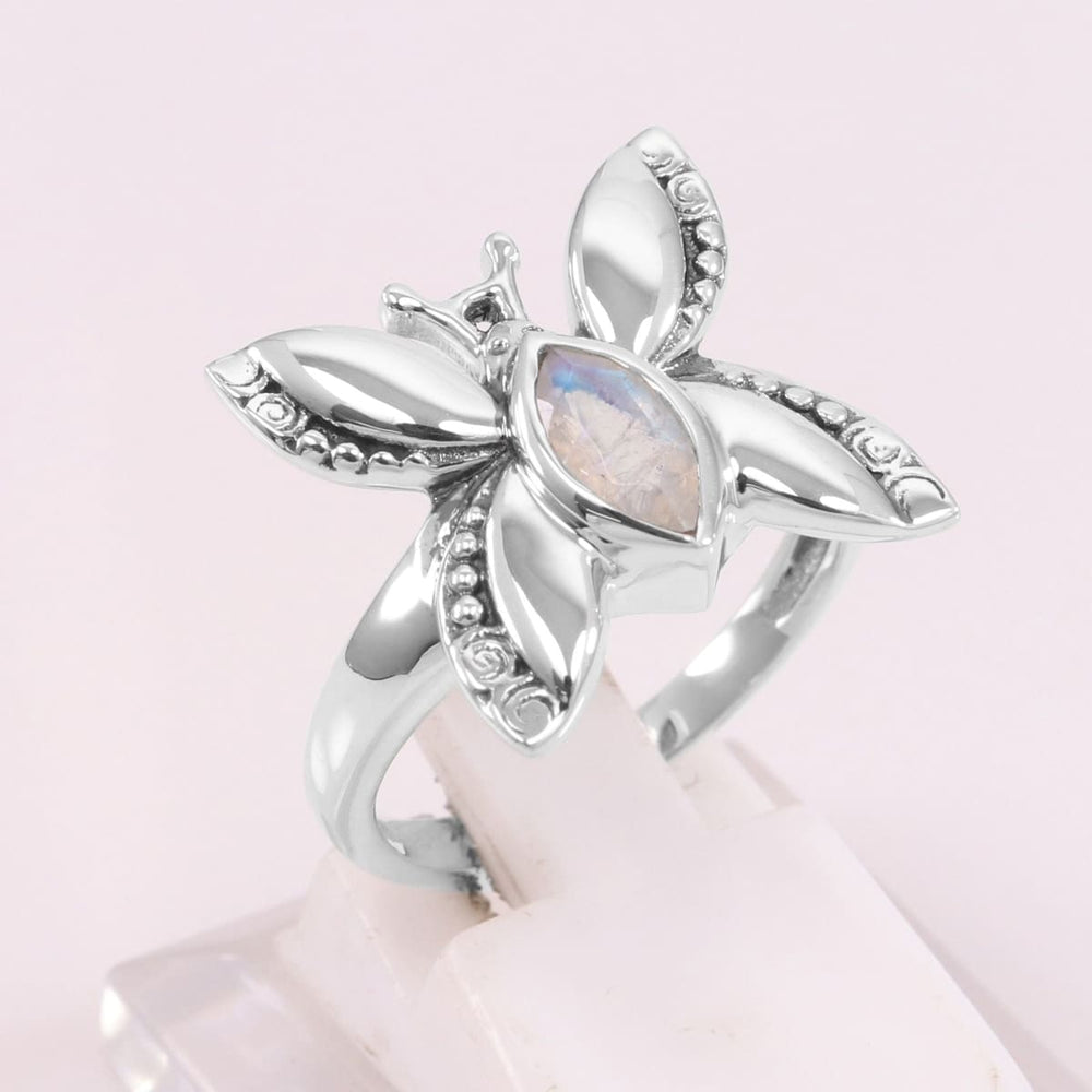 Natural Rainbow Moonstone Ring Butterfly 925 Sterling Silver Handmade Gemstone Gift for Mom - by Rajtarang