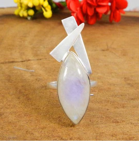 Natural Rainbow Moonstone Ring High Polished - by Nehal Jewelry
