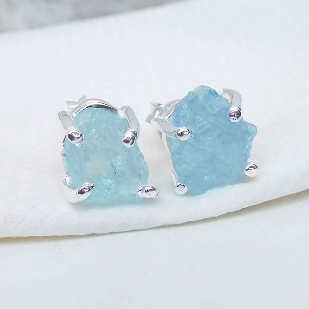 earrings Natural Raw Aquamarine Crystal Stud Earring 925 Sterling Silver Birthstone,Handmade Jewelry - by Arte De Joyas