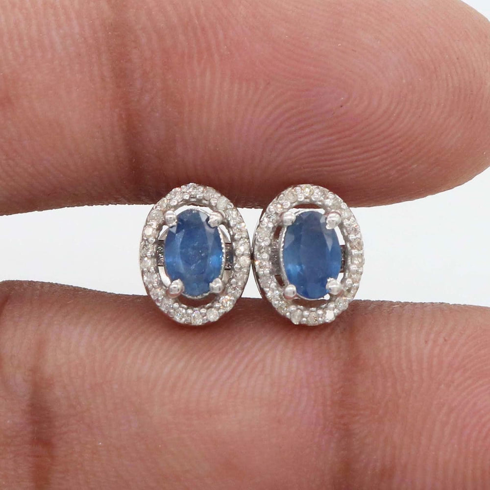 Natural & Real Diamond Sapphire Handmade 925 Solid Sterling Silver Stud Earrings Wedding Jewellery - by Vidita Jewels