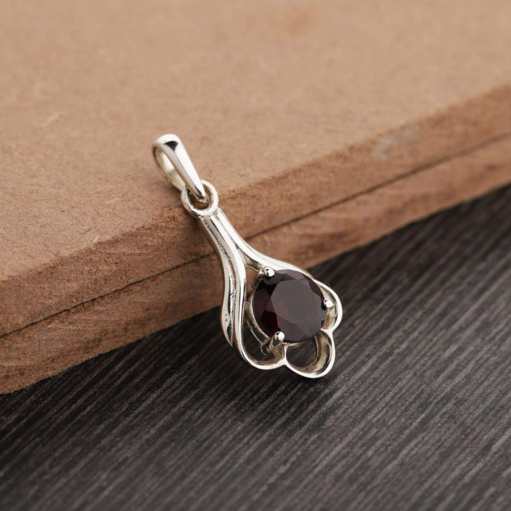 Natural Red Garnet ~ Round Pendant 7 MM 925 Sterling Silver - by UniqueSilverZone