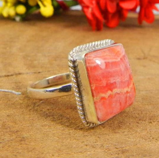 Natural Rhodochrosite Gemstone Cabochon Twisted Wire Designer Ring - by Nehal Jewelry