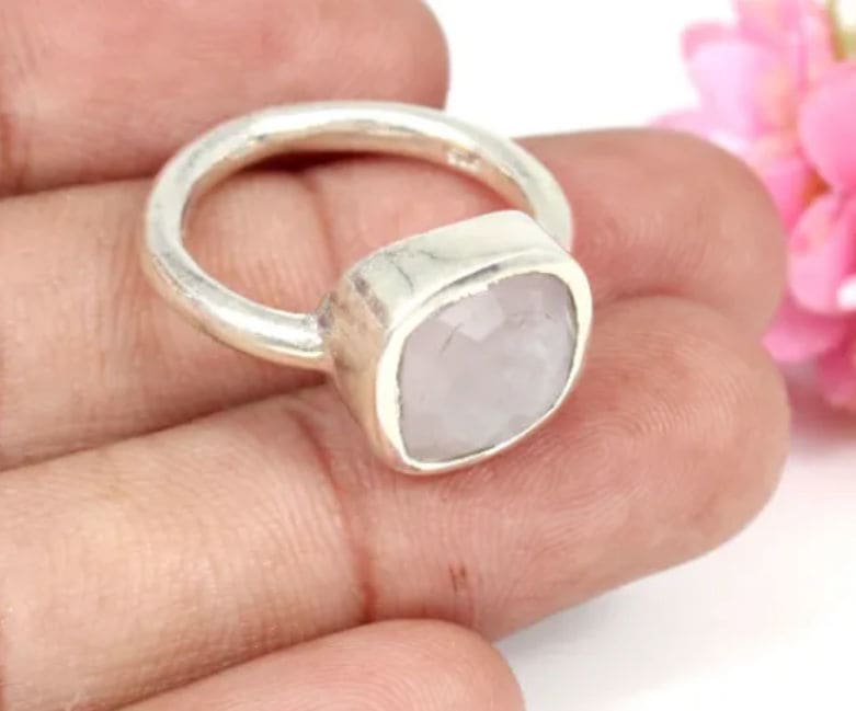 Natural Rose Quartz Gemstone Ring Solid 925 Sterling Silver Unisex Statement - by Nehal Jewelry