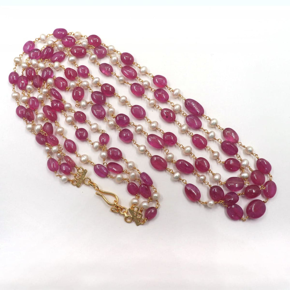 necklaces Natural Ruby Beads and Pearl Three Line Necklace Jewelry for Gift Precious Wedding Bridal Bridesmaid - by Vidita Jewels