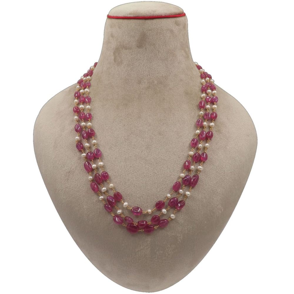 necklaces Natural Ruby Beads and Pearl Three Line Necklace Jewelry for Gift Precious Wedding Bridal Bridesmaid - by Vidita Jewels