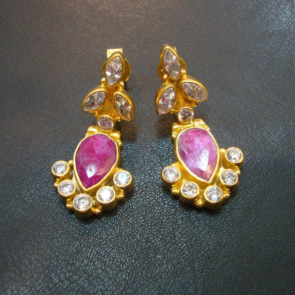earrings Natural Ruby Cubic Zirconia Gold Plated 925 Sterling Silver Dangle Earring Handmade Earrings Wedding Indian For Gift - by Vidita 