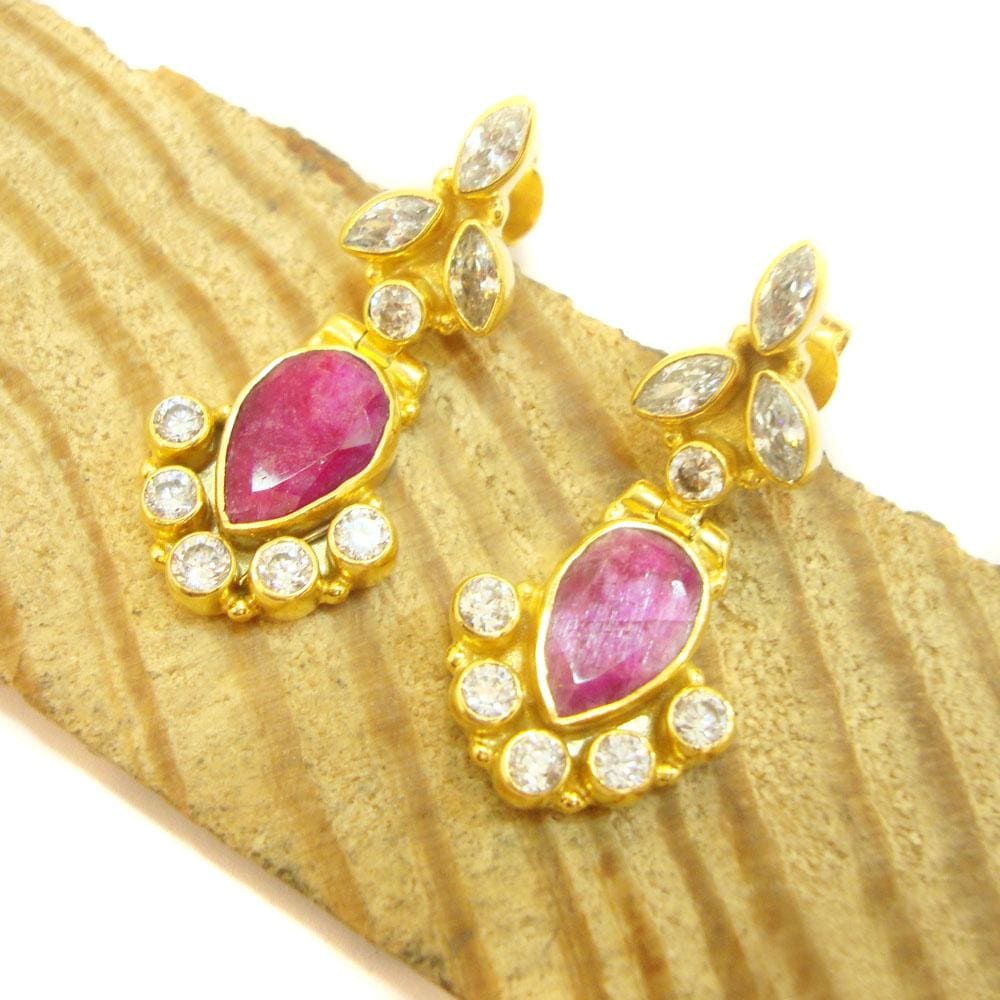 earrings Natural Ruby Cubic Zirconia Gold Plated 925 Sterling Silver Dangle Earring Handmade Earrings Wedding Indian For Gift - by Vidita 