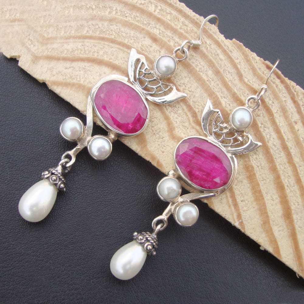 Natural Ruby Pearl 925 Sterling Silver Dangle Drop Earrings jewelry - by Vidita Jewels