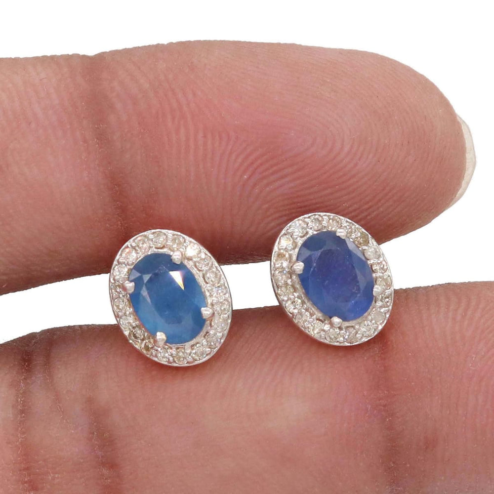 earrings Natural Sapphire & Diamond Handmade 925 Sterling Silver Stud Earrings Jewellery Oval Cut Top quality - by Vidita Jewels