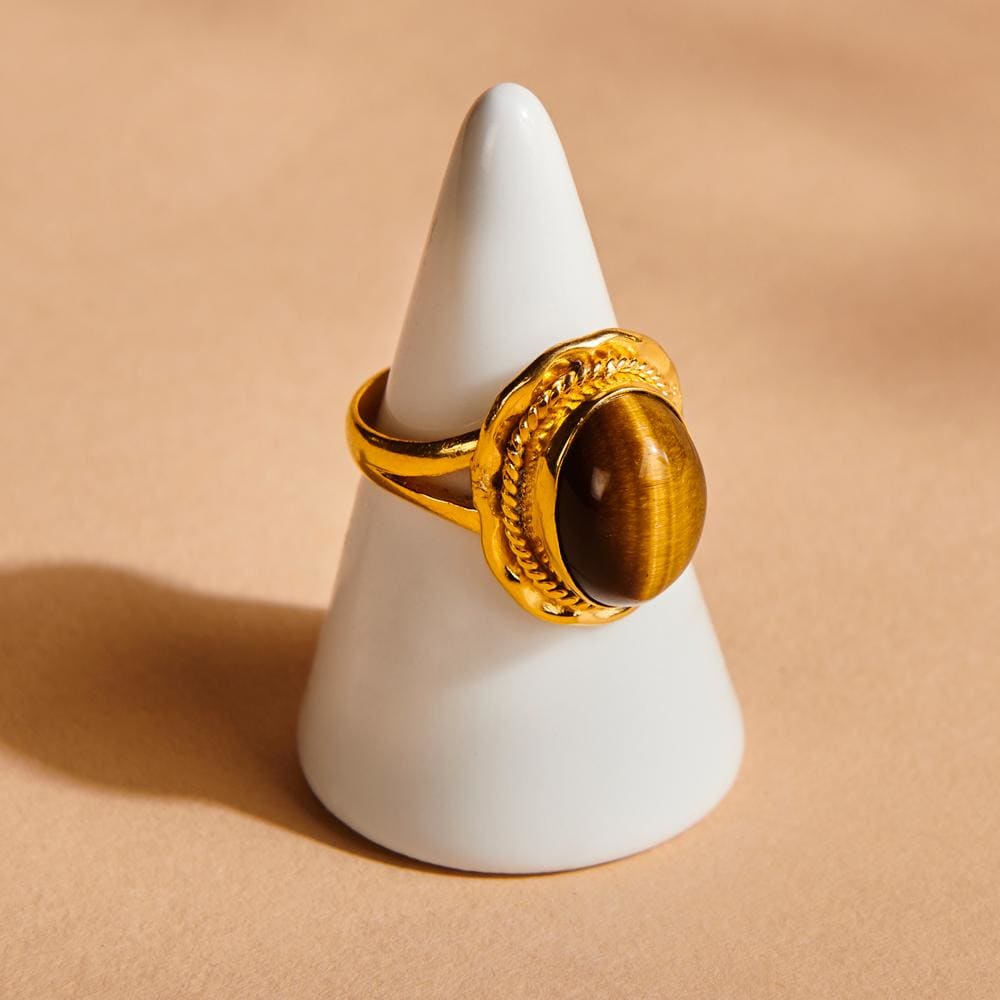 Rings Natural Tiger Eye 925 Sterling Silver 18K Yellow Gold Rose Filled Ring Handmade in India Gift Jewelry Gemstone - by Subham Jewels