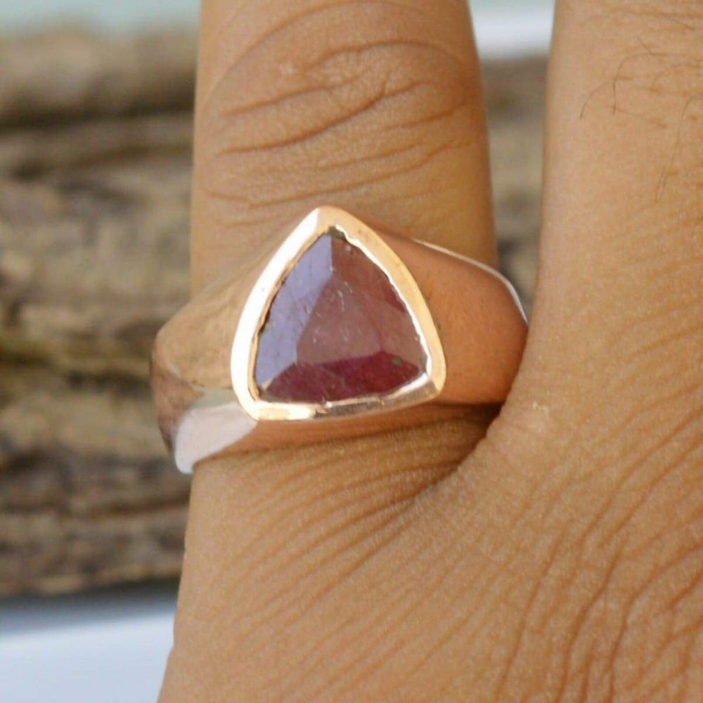 Rings Natural Trillion Red Ruby Gemstone Sterling Silver Rose Gold Filled Ring Jewelry Artisan Handmade Gift - Title by NativeFineJewelry