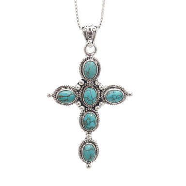 Natural Turquoise Sterling Silver Cross Pendant Handmade Tibetan Necklace Christmas Gift Jewelry Region With Chain - By Rajtarang