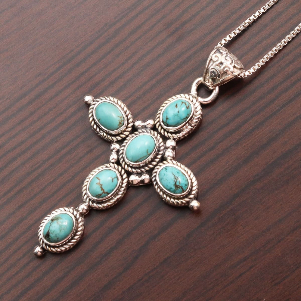 Natural Turquoise Sterling Silver Cross Pendant Handmade Tibetan Necklace Christmas Gift Jewelry Region With Chain - By Rajtarang