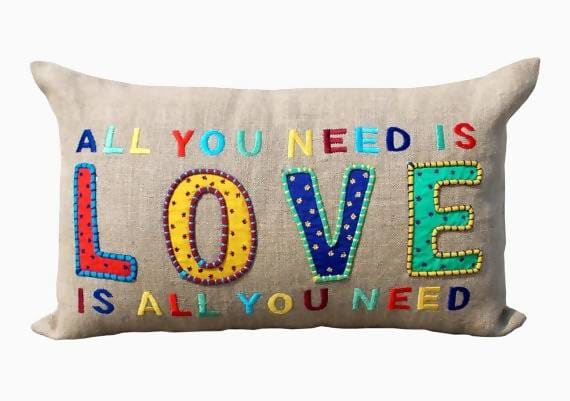 All You Need Is Love Linen Throw Pillow Cover Multicolour Embroidery Applique Beige 12x20 - By Vliving