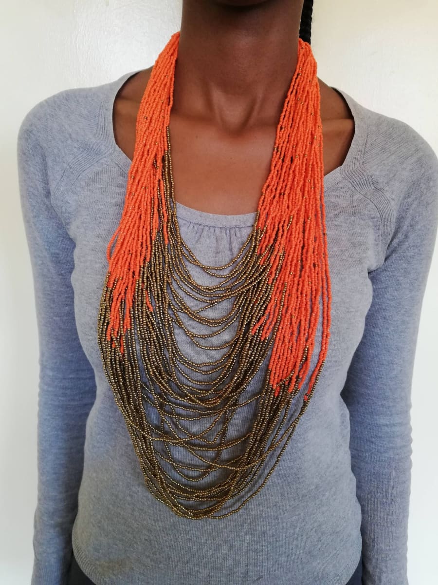 Orange And Gold African Beaded Multi Strand Necklace Tribal Maasai Jewelry Chunky Necklace - By Naruki Crafts