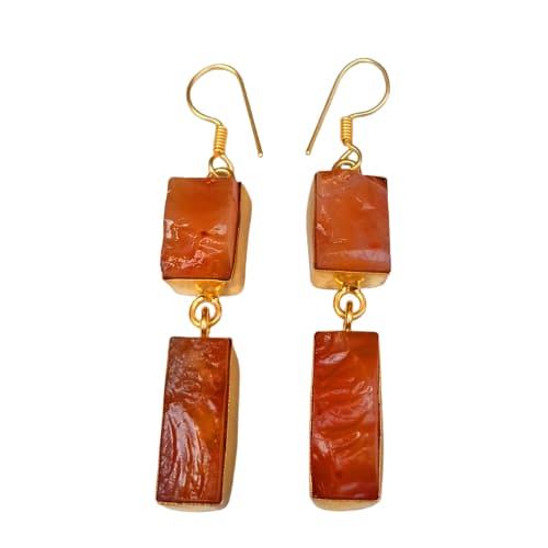 Organic Red Carnelian Gemstone Bezel Set Long Dangle Christmas Earrings - by Krti Handicrafts