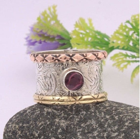 rings Organic Ruby Gemstone Textured Band 925 Sterling Silver Ring Meditation Ring,Handmade Jewelry Gift for Her - by InishaCreation
