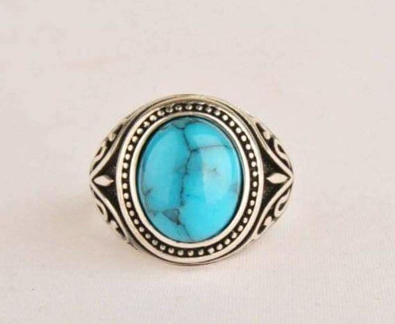 Mens Handmade Ring Turkish Silver Men Ottoman Turquoise Gift for Him 925k Sterling - by InishaCreation