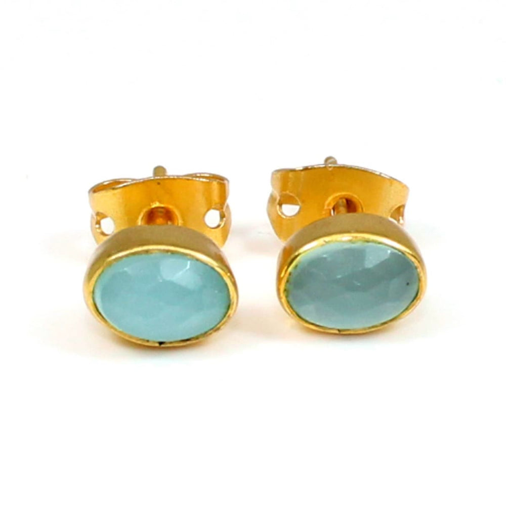 Earrings Oval Aqua Chalcedony Handmade Gold Stud for Women & Girls Dainty - by Nehal Jewelry