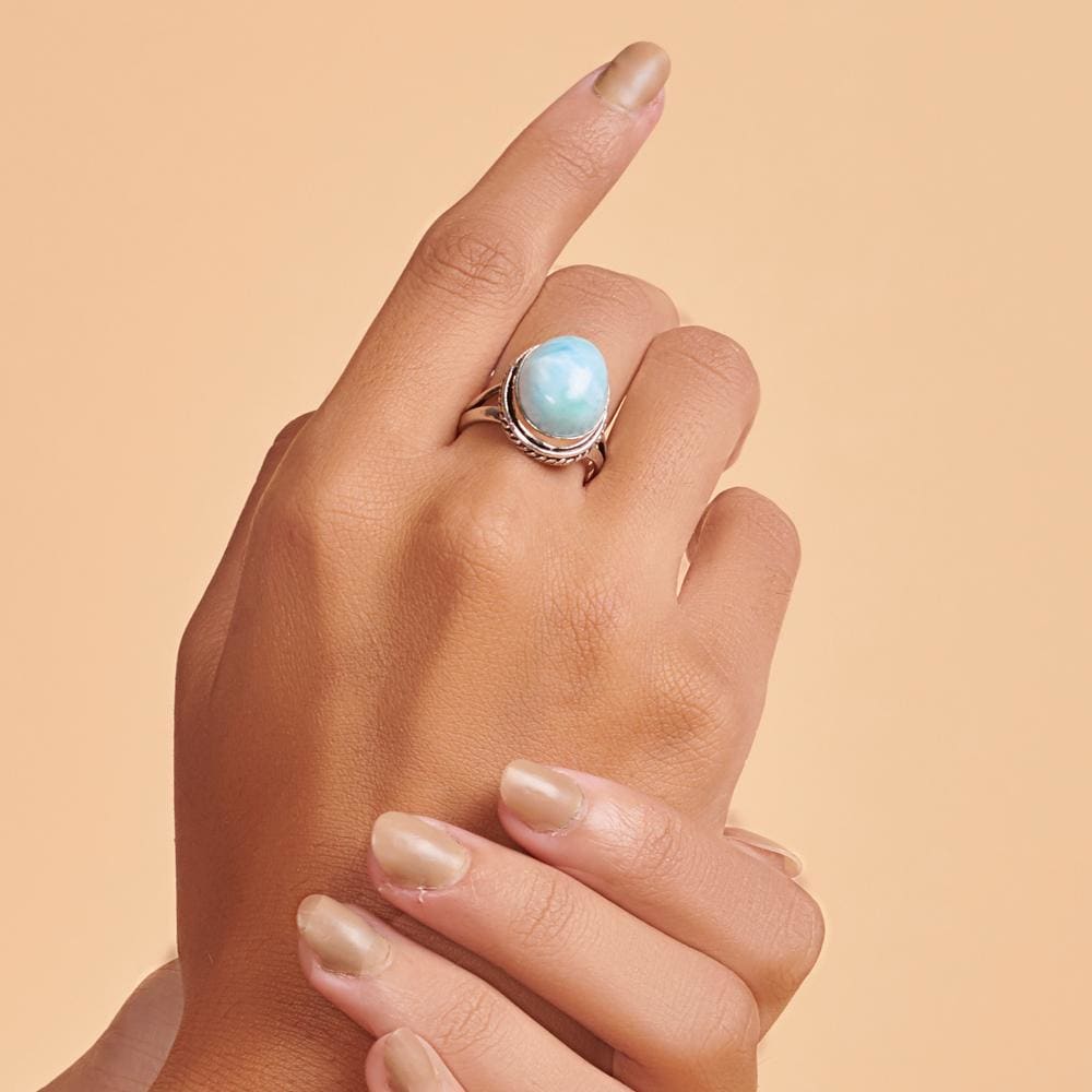Rings Oval Cab Dominican Larimar 925 Sterling Silver 18K Yellow Gold Rose Filled Ring Handmade in India Gift Jewelry Gemstone ring - by 