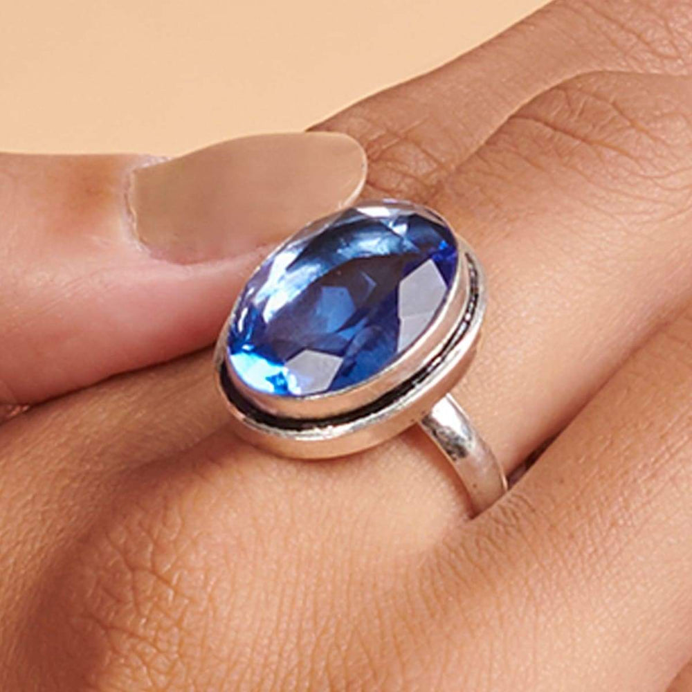 Rings Oval Cut Blue Tanzanite Quartz Gemstone 925 Sterling Silver Ring Handmade in India Gift Jewelry - by Subham Jewels