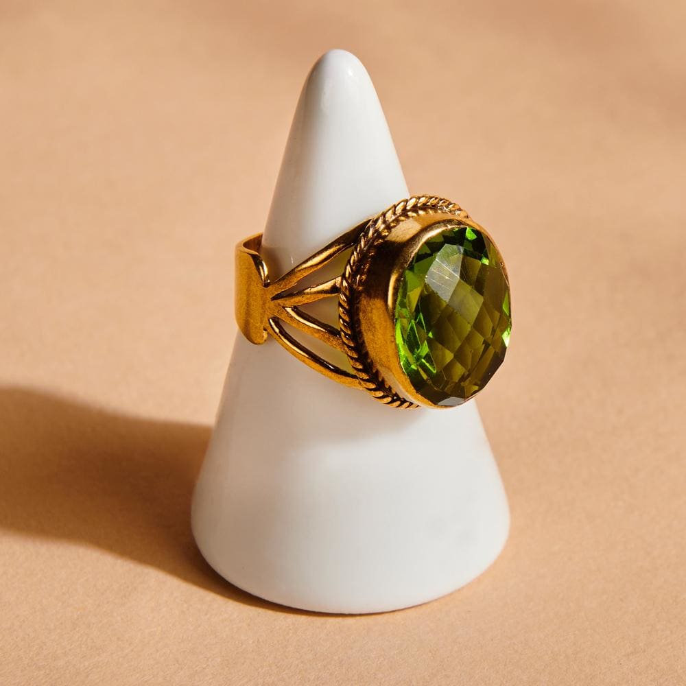 Rings Oval Faceted Green Peridot Quartz 925 Sterling Silver 18K Yellow Gold Rose Filled Ring Handmade in India Gift Jewelry Gemstone ring - 