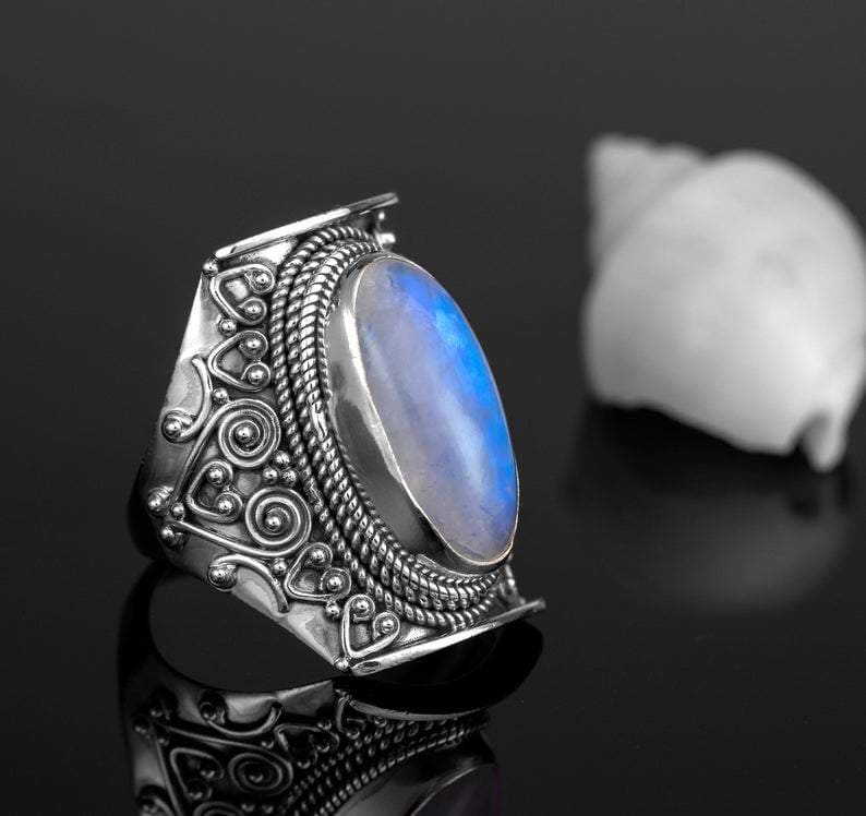 rings Oval Rainbow Moonstone Cocktail Ring from India Gleaming Appeal Gift for her - by InishaCreation