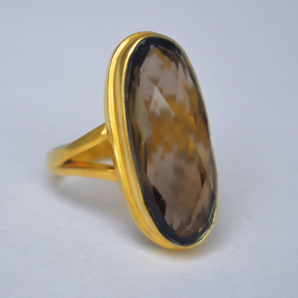 Oval Rose Cut Smoky Quartz Gemstone 925 Sterling Silver Ring Yellow Gold Plated Gift - by Nativefinejewelry
