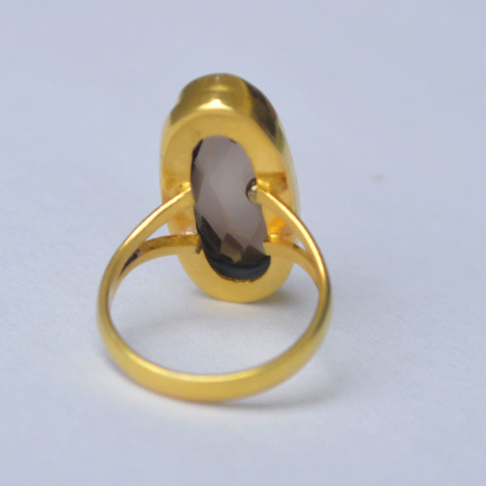 Oval Rose Cut Smoky Quartz Gemstone 925 Sterling Silver Ring Yellow Gold Plated Gift - by Nativefinejewelry