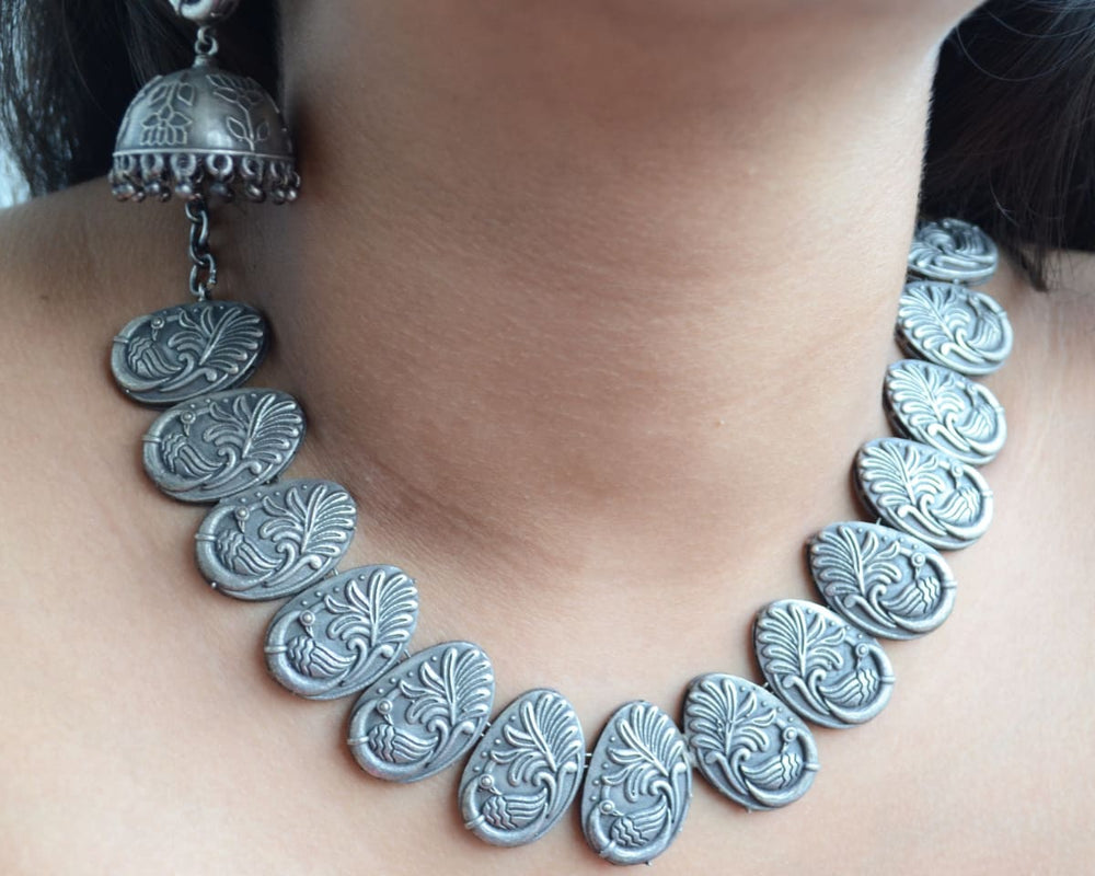 necklaces Oxidized Silver Choker Necklace jhumka earring set South Indian Peacock Jewelry for women - by Pretty Ponytails